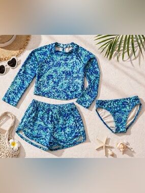 Zella Girls 3PC Swimsuit Set Size 12 Blue Green Rash Guard Shorts Bikini Mint